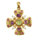 Maltese Cross Pedant and Brooch with Peridot, Amethyst, Pink Tourmaline and Pearls