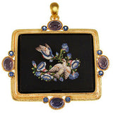 19th Century Horizontal Micromosaic "Birds with Blue Flowers" Pendant/Brooch with iolites and collapsible bale