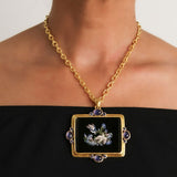 19th Century Horizontal Micromosaic "Birds with Blue Flowers" Pendant/Brooch with iolites and collapsible bale