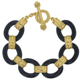 Large Black Jade Link Bracelet with Hammered Gold Connectors and Toggle