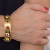 Narrow Flat Bangle With Cushion Cabochon Tutti Frutti Stones