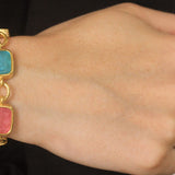 Pink Venetian Glass Intaglio Antique "Animals" Link Bracelet With Toggle Clasp