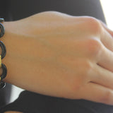 Medium Black Jade Link Bracelet with Narrow Hammered Gold Connector and Gold "Crane" Clasp