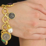 "Smooth" Link Chain Charm Bracelet With a Selection of Venetian Glass Intaglios, White & Black South Sea Pearls, Ancient Silver and Bronze Coins
