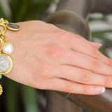 "Smooth" Link Chain Charm Bracelet With a Selection of Venetian Glass Intaglios, White & Black South Sea Pearls, Ancient Silver and Bronze Coins