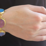 Pastel Venetian Glass Intaglio "Resting Diana", "Goddess with Vase", "God and Goddess", "Goddess with Column", and "Man with Club" Link Bracelet in narrow flat step bezel with oval connectors and box clasp