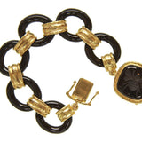 Large Black Jade Link Bracelet with Gold Connectors and Onyx "Bee" Box Clasp