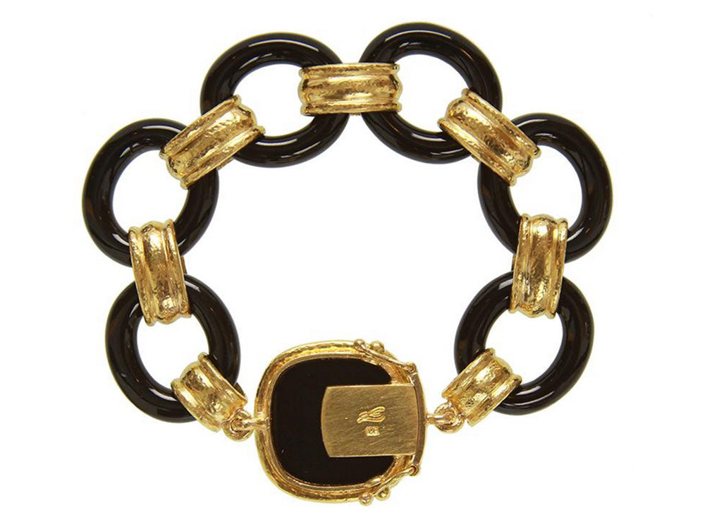 Large Black Jade Link Bracelet with Gold Connectors and Onyx 