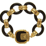 Large Black Jade Link Bracelet with Gold Connectors and Onyx "Bee" Box Clasp