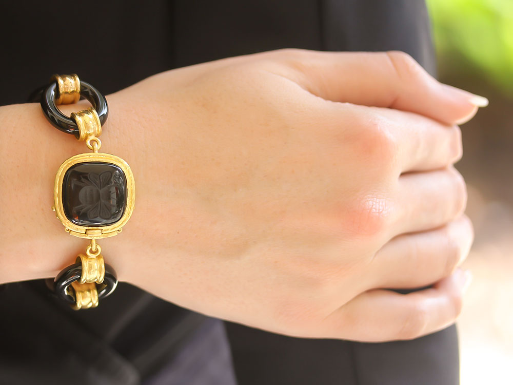 Large Black Jade Link Bracelet with Gold Connectors and Onyx 