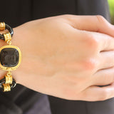 Large Black Jade Link Bracelet with Gold Connectors and Onyx "Bee" Box Clasp