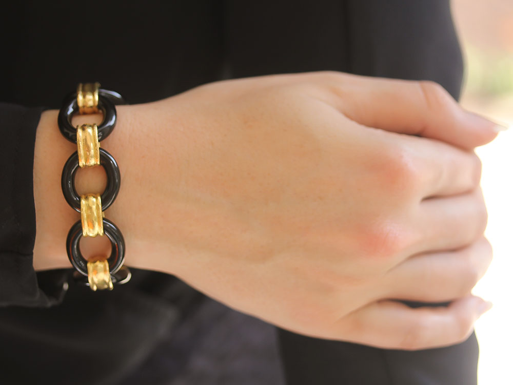 Large Black Jade Link Bracelet with Gold Connectors and Onyx 