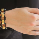Large Black Jade Link Bracelet with Gold Connectors and Onyx "Bee" Box Clasp