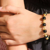 Round Black Jade Bead Link Bracelet with Circle Clasp