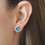 Peacock Venetian Glass Intaglio "Man-in-the-Moon" Studs With Four Gold Triads