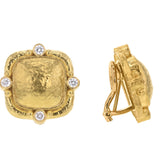 Cushion Dome Earrings With Diamonds & Side Gold Dots On Godron Bezel