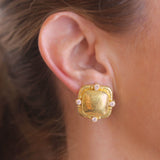 Cushion Dome Earrings With Diamonds & Side Gold Dots On Godron Bezel