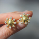 Hammered Gold Studs Each With Surrounding Diamonds and Butterfly Back