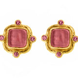 Pink Venetian Glass Intaglio “Quadrato Antico” & Pink Sapphire Post Earrings