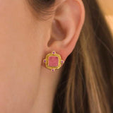 Pink Venetian Glass Intaglio “Quadrato Antico” & Pink Sapphire Post Earrings