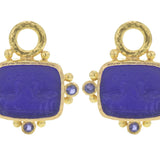 Cobalt Venetian Glass Intaglio "Two Cranes" Earring Charms With Faceted Iolites