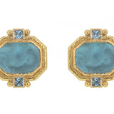 Teal Venetian Glass Intaglio "Cherub with Seahorse" & Faceted Square Blue Zircon Earrings