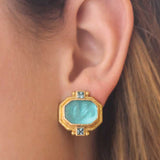 Teal Venetian Glass Intaglio "Cherub with Seahorse" & Faceted Square Blue Zircon Earrings