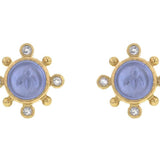 Cerulean Venetian Glass Intaglio "Tiny Bee" Stud Earrings with Faceted Moonstone