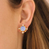 Cerulean Venetian Glass Intaglio "Tiny Bee" Stud Earrings with Faceted Moonstone