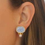Cerulean Venetian Glass Intaglio "Cherub with Lion" Earrings With Bottom Pearl