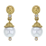 Gold Dome and Diamond Earring with White Pearl Drop
