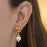 Gold Dome and Diamond Earring with White Pearl Drop