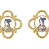 Antique Satsuma Porcelain "Geisha" Button Earrings with Gold Wire Arches and Triads
