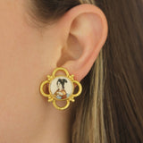 Antique Satsuma Porcelain "Geisha" Button Earrings with Gold Wire Arches and Triads