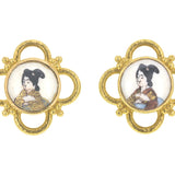Antique Satsuma Porcelain "Geisha" Button Earrings with Gold Wire Arches and Triads