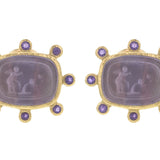 Mulberry Venetian Glass Intaglio "Cherub with Two Butterflies" Earrings with Faceted Amethyst Halo