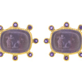 Mulberry Venetian Glass Intaglio "Cherub with Two Butterflies" Earrings with Faceted Amethyst Halo