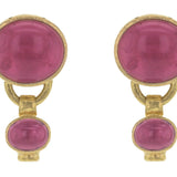 Pink Venetian Glass Intaglio "Cab Goat, Lion and Putto" Earrings with Bottom Oval Pink Tourmaline Stone Dangle
