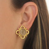 Bronze Venetian Glass Intaglio "Putto with Arrow" Earrings with Gold Wire Arches and Triads