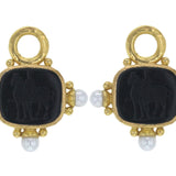 Black Venetian Glass Intaglio "God with Horse" Earring Charms With Pearls and Side Gold Dots for Hoop