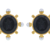 Black Venetian Glass Intaglio "Demel Bee" Earrings With Pearls Spokes and Gold Dots