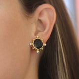 Black Venetian Glass Intaglio "Demel Bee" Earrings With Pearls Spokes and Gold Dots