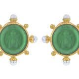 Green Venetian Glass Intaglio "Demel Bee" Earrings With Pearls Spokes and Gold Dots