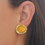 Light Amber Venetian Glass Intaglio "Cab Goat, Lion and Putto" Earrings with Faceted Spessartite Garnet