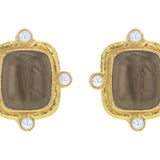 Bronze Venetian Glass Intaglio "Greek Muse" Earrings With Four Pearls Set On Godron Bezel
