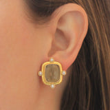 Bronze Venetian Glass Intaglio "Greek Muse" Earrings With Four Pearls Set On Godron Bezel