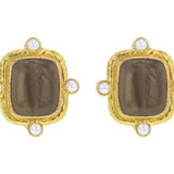 Bronze Venetian Glass Intaglio "Greek Muse" Earrings With Four Pearls Set On Godron Bezel