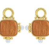 Amber Venetian Glass Intaglio "God with Horse" Earring Charms For Hoops with Pearl and Side Gold Dots