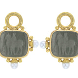 Smoke Venetian Glass Intaglio "God with Horse" Earring Charms For Hoops with Pearl and Side Gold Dots