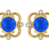 Peacock Venetian Glass Intaglio Cabochon "Cab, Putto, and Duck" Earrings with Wire Arches and Cabochon Moonstone